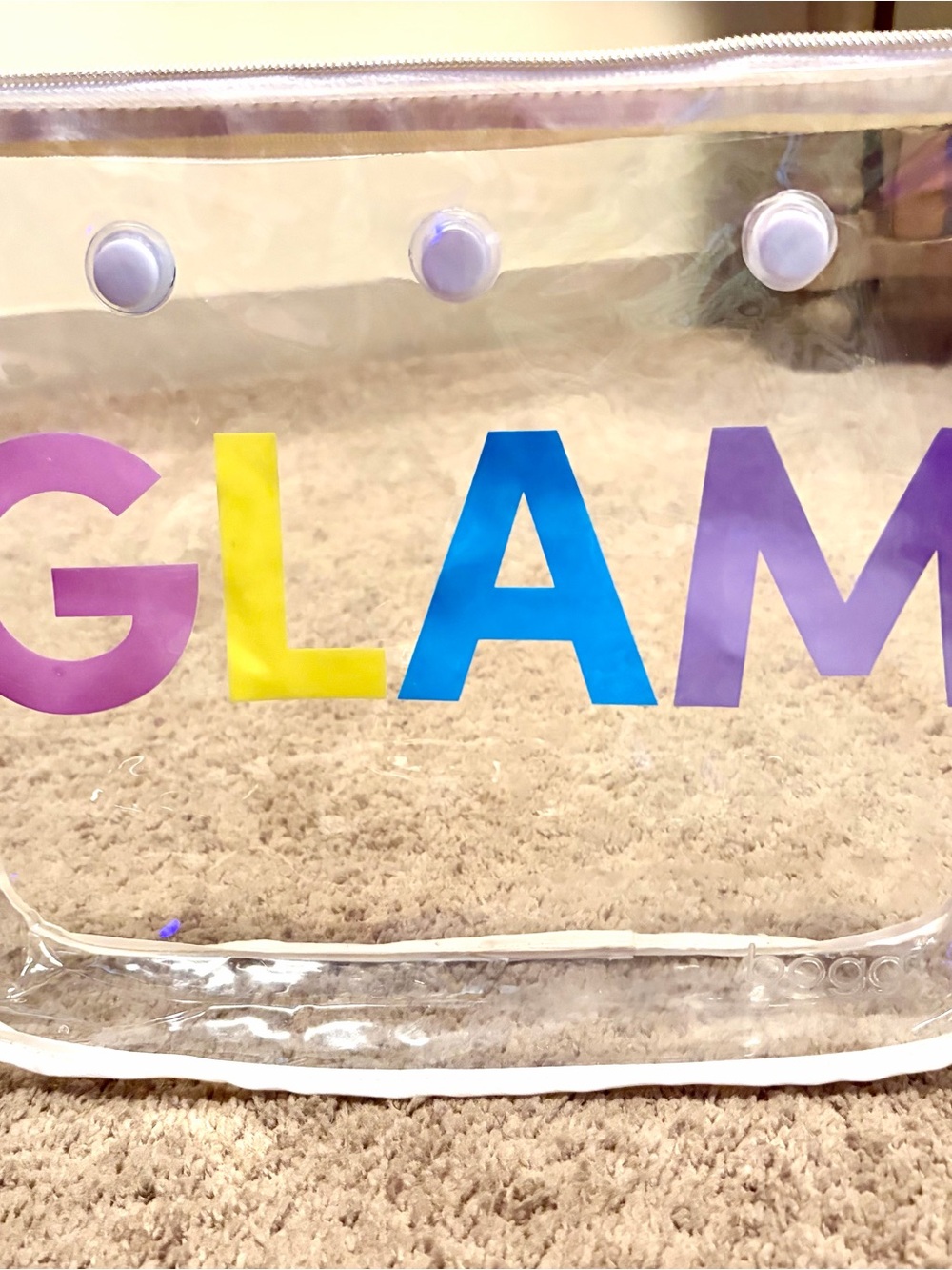 glam Clear Cosmetic Pouch with Yellow, Blue and Purple Lettering